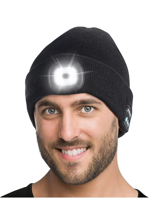 Unisex Bluetooth Beanie Hat with Light, Built-in Speaker Mic, Headlamp Cap with Headphones, Tech Gift for Men Women