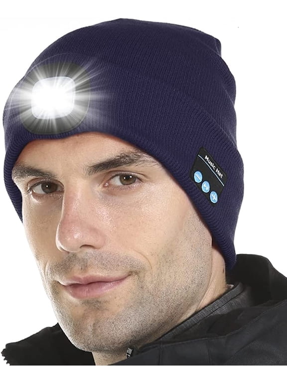 Unisex Bluetooth Beanie Hat with Light, Built-in Speaker Mic, Headlamp Cap with Headphones, Tech Gift for Men Women