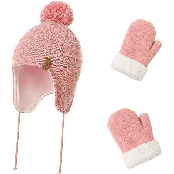 Zukuco Winter Kids Beanie Hat Mittens Set Warm Fleece Knitted Hat + Gloves for Baby Toddler Boys Girls