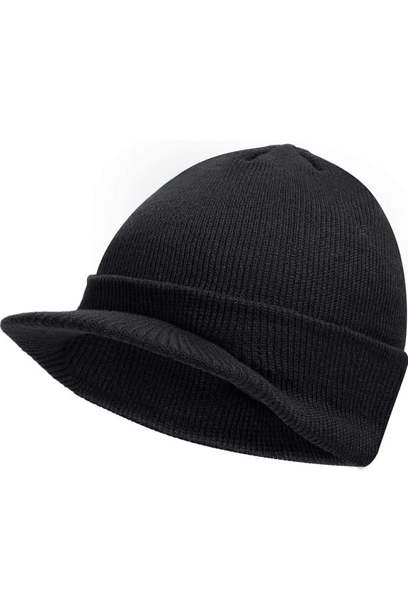 Winter Men's Knit Cap with Brim Beanie Hat Warm Thick Hat for Outdoor