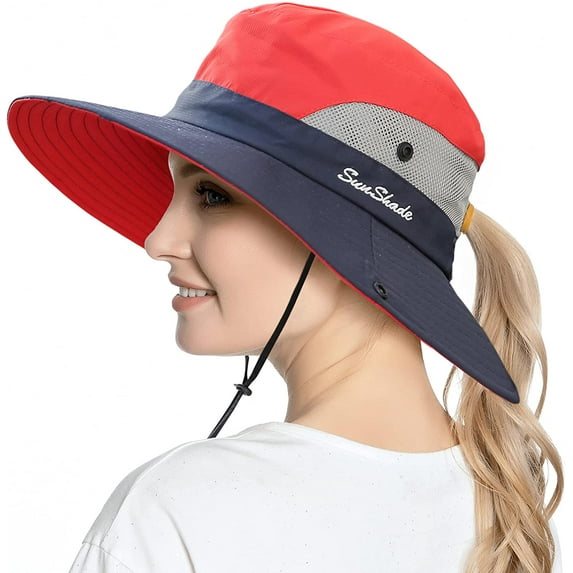 Zukuco Women Ponytail Sun Hat UV Protection Wide Brim Bucket Hats Quick-Dry Summer Beach Fishing Hats
