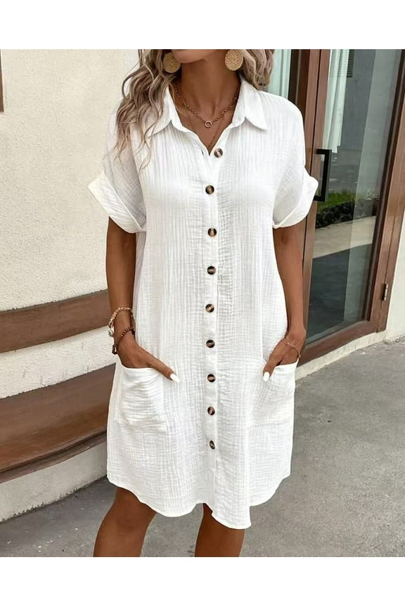 Women's Dress Summer Casual Collar Button Down Short Sleeve Tunic Shirt Dress with Pockets, L