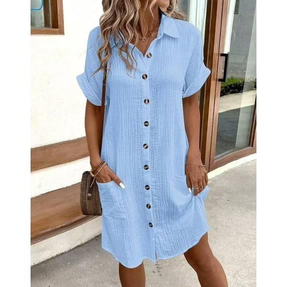 Zukuco Women's Dress Summer Casual Collar Button Down Short Sleeve Tunic Shirt Dress with Pockets, L