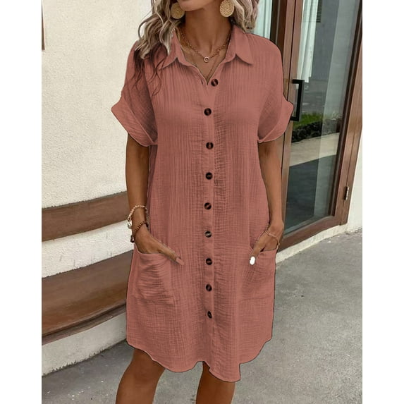 Zukuco Women's Dress Summer Casual Collar Button Down Short Sleeve Tunic Shirt Dress with Pockets, M