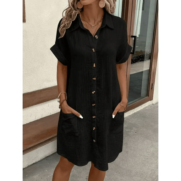 Zukuco Women's Dress Summer Casual Collar Button Down Short Sleeve Tunic Shirt Dress with Pockets, S