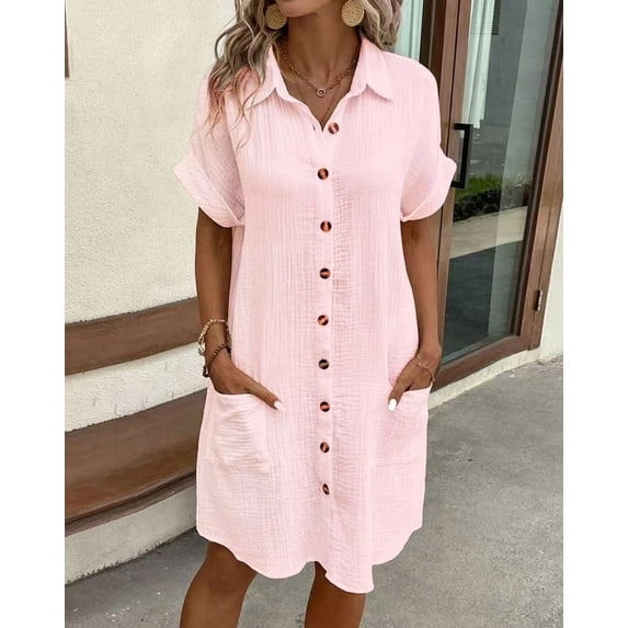 Zukuco Women's Dress Summer Casual Collar Button Down Short Sleeve Tunic Shirt Dress with Pockets, XXL
