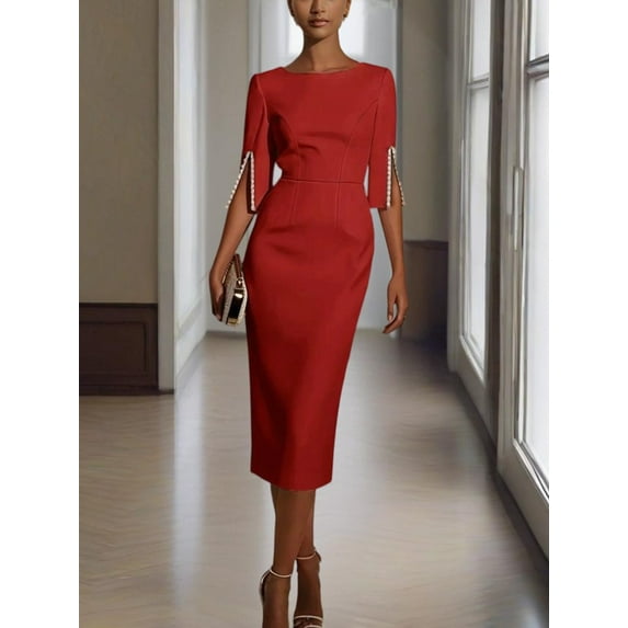 Zukuco Women's Elegant Pearl-Embellished Cocktail Dress - Split Sleeve Crew Neck Bodycon Midi Dress, Back Zipper Party & Evening Dress, 2XL