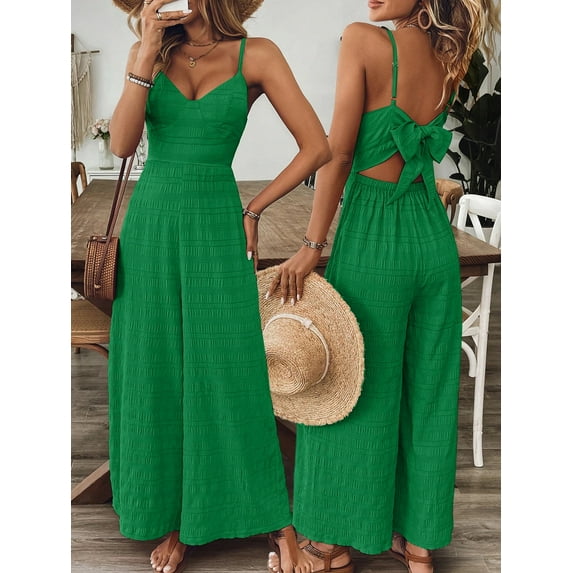 Zukuco Women's Elegant Sleeveless Jumpsuit - V-Neck Wide Leg Romper with Back Bow, Summer Casual Beachwear Vacation Outfit, XL