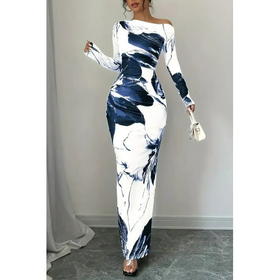 Zukuco Women's Fall Off Shoulder Bodycon Dress Long Sleeve Floral Print, Formal Cocktail Party Wedding Guest Evening Maxi Dress, L