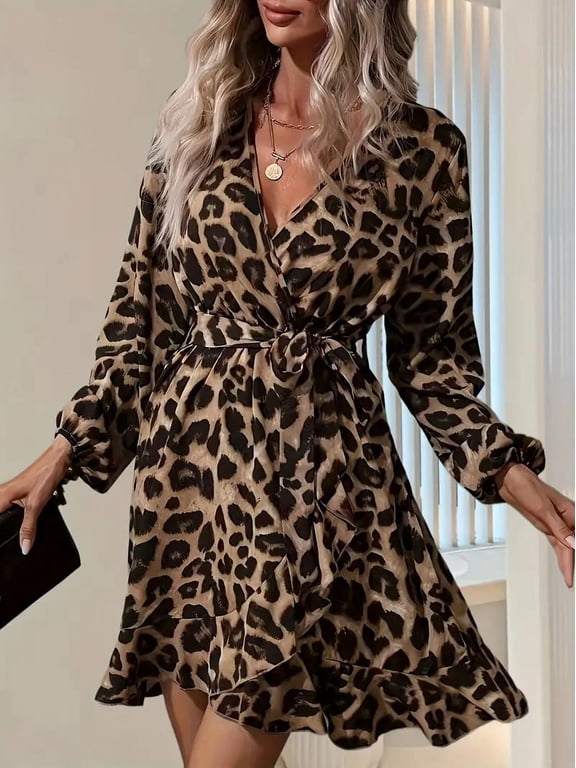 Women's Leopard Print Ruffle Hem Long Sleeve V Neck Belted A Line Dress, 2XL