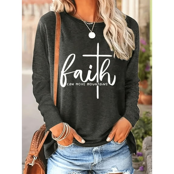 Zukuco Women's Letter Print FAITH Long Sleeve Casual Pullover Sweatshirt Tops Fall Round Neck Tee