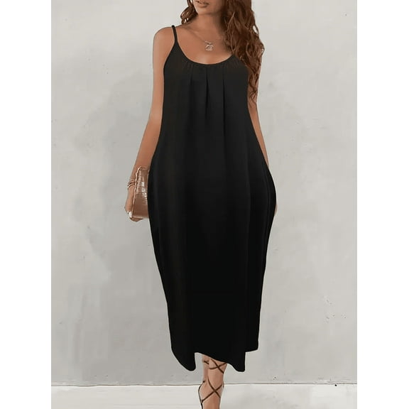 MORTTIC Women's Casual Summer Maxi Dress with Spaghetti Straps & Pockets - Loose Fit Long Dress, M