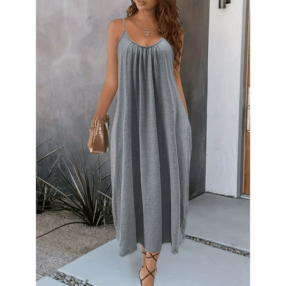 MORTTIC Women's Casual Summer Maxi Dress with Spaghetti Straps & Pockets - Loose Fit Long Dress, M