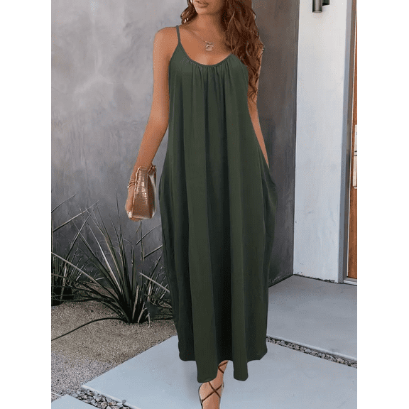 MORTTIC Women's Casual Summer Maxi Dress with Spaghetti Straps & Pockets - Loose Fit Long Dress, XXL