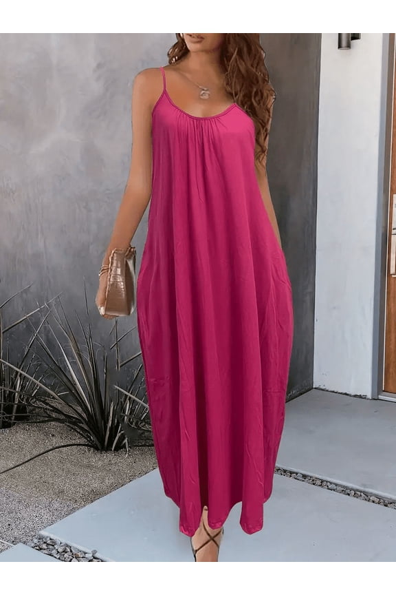 Women's Casual Summer Maxi Dress with Spaghetti Straps & Pockets - Loose Fit Long Dress, XXL