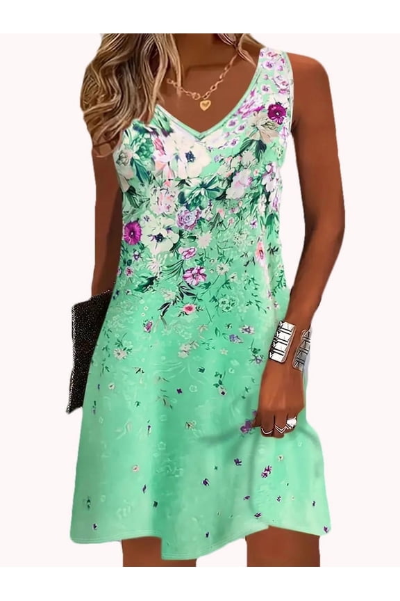 Women's Summer Dresses 2025 Casual Sleeveless Boho Beach Dress Floral Print Tank Loose Sundress, 2XL