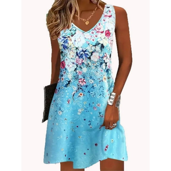 Zukuco Women's Summer Dresses 2025 Casual Sleeveless Boho Beach Dress Floral Print Tank Loose Sundress, S