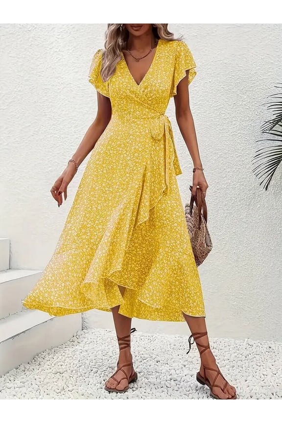 Women's Summer Wrap Maxi Dress Casual Boho Floral V Neck Short Sleeve Ruffle Hem Flowy Split Beach Long Dresses, L