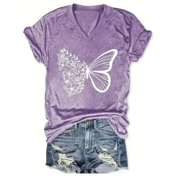 Zukuco Women's T-Shirts V-Neck Butterfly Tee Cute Summer Graphic Shirts Vintage Boho Flowers Short Sleeve T Shirt, XL
