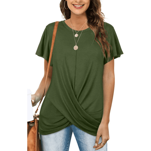 Zukuco Women's Twist Front T Shirt Short Sleeve Round Neck Tunic Tops Casual Loose Fitted, 2XL