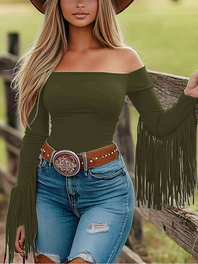 Zukuco Women's Vintage Western Long Sleeve Fringe Tops Off