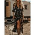 thumbnail image 1 of Zukuco Women's Western Boho Dress Sexy Deep V Neck Floral Print 3/4 Sleeve Midi Dress with High Slit & Ruffle Hem, Country Concert Casual Long Dress, XL, 1 of 4