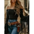 thumbnail image 1 of Zukuco Women's Western Cowgirl Fringe Trim Tops Sexy Off Shoulder Long Sleeve T Shirts Tassel Top, 2XL, 1 of 4