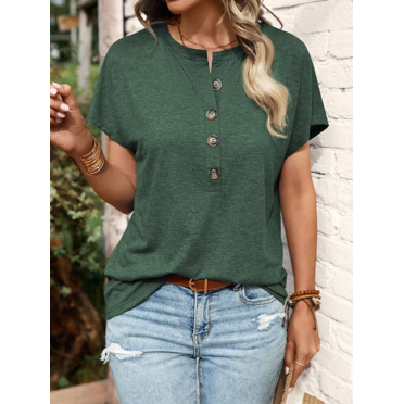 Zukuco Womens Tshirts V Neck Short Sleeve Buttons Tops Tee Solid Color Blouse Loose Fit, L