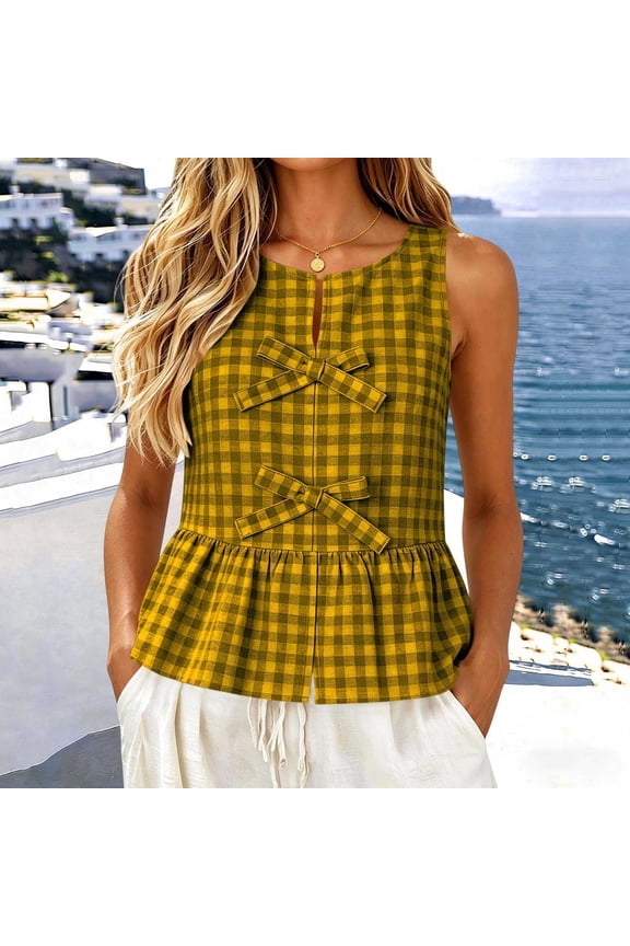 Women Sleeveless Gingham Plaid V Neck Peplum Loose Fit Summer Top