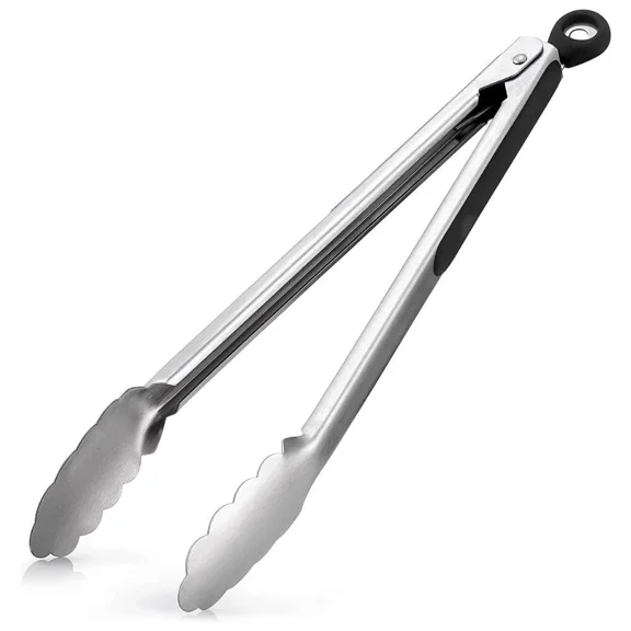 Zulay (12 Inch) Stainless Steel Tongs For Cooking - Scallop Head Edge