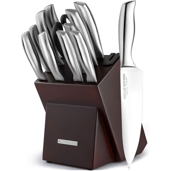 Zulay 12 Piece Stainless Steel Knife Set with Block and Sharpener - Sharp Knife Block Set with Built In Sharpener - Kitchen Knife Set With Block - Rust Proof Knife Set Stainless Steel