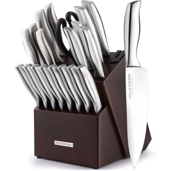 Zulay 20-Piece Stainless Steel Kitchen Knife Set with Built-in Sharpener – Ultra Sharp, Rust-Resistant Knives in Natural Wood Block