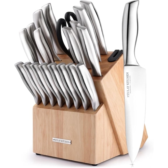 Zulay 20-Piece Stainless Steel Kitchen Knife Set with Built-in Sharpener – Ultra Sharp, Rust-Resistant Knives in Natural Wood Block