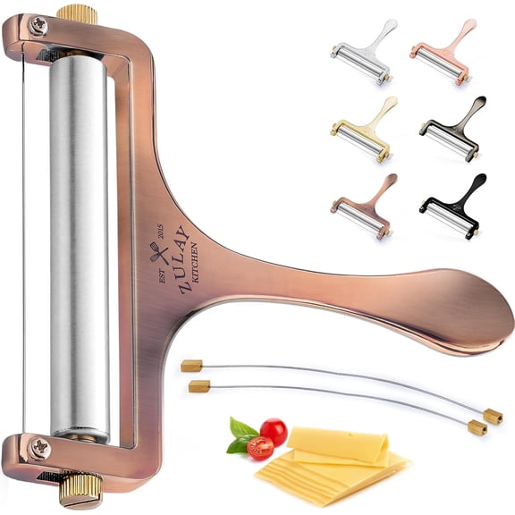 Zulay Cheese Slicer With Adjustable Thickness - Wire Cheese Slicer For Mozzarella Cheese, Cheddar Cheese, Gouda Cheese - Cheese Slicers For Block Cheese Heavy Duty With 2 Extra Wires (Copper)
