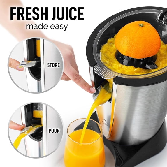 Zulay Electric Citrus Juicer - Stainless Steel, 160W Powerful & Quiet, Interchangeable Cones for Orange Lemon Grapefruit Lime - Filters Seeds Pulp - Dishwasher Safe - Black