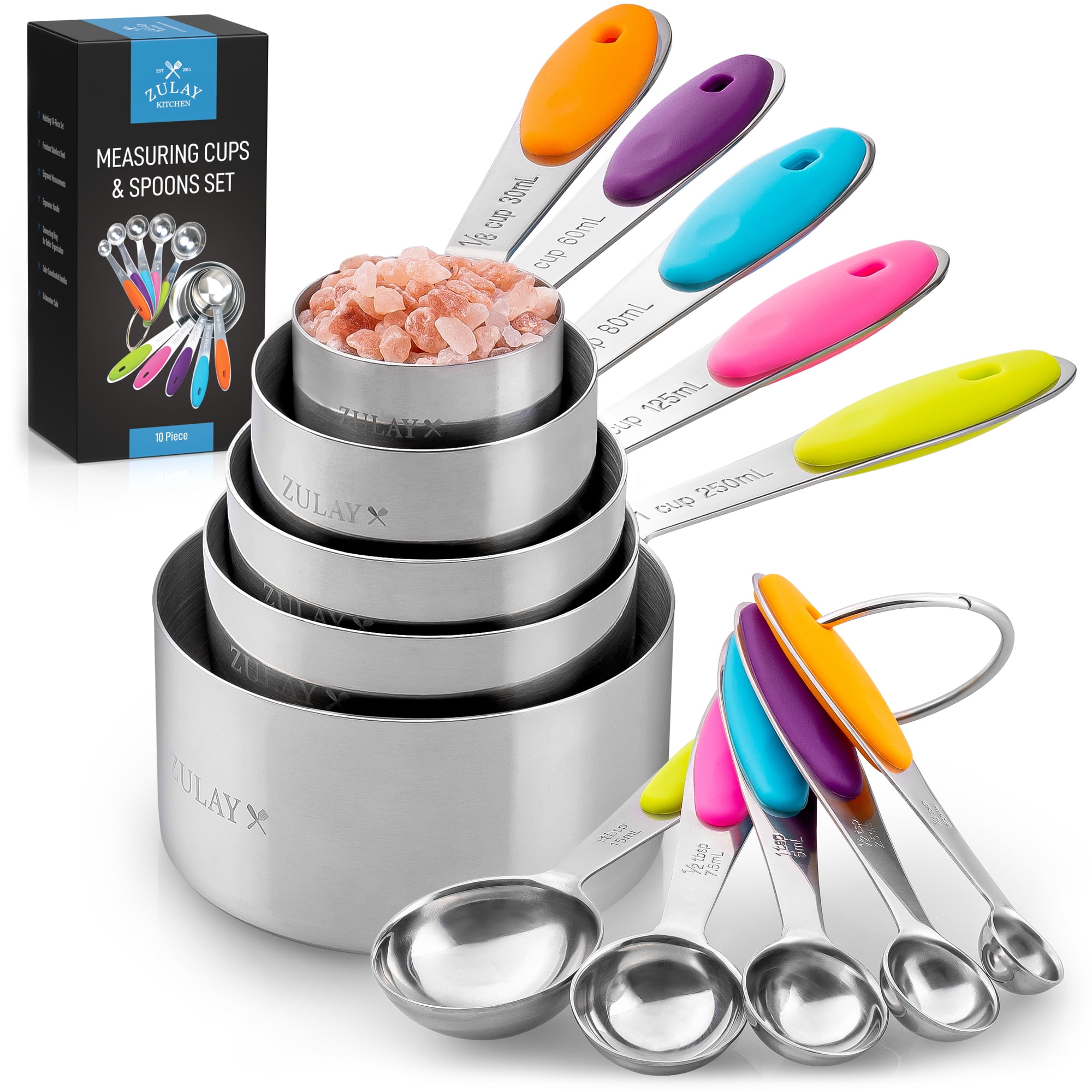 Zulay Kitchen 10-Piece Stainless Steel Measuring Cups and Spoons Set -  Multicolored Spoons and Cups 