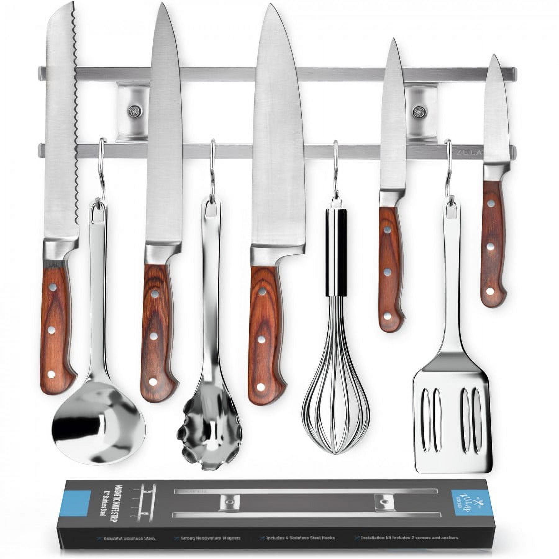 Zulay Kitchen 12 Inch Stainless Steel Magnetic Knife Holder - Powerful Knife Magnetic Strip With Extra Hanging Hooks Wall Mount Strip Organizer  - Silver