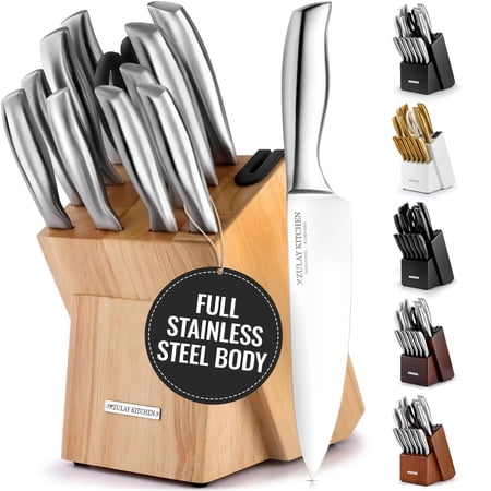 Zulay 12-Piece Stainless Steel Kitchen Knife Set with Built-in Sharpener – Ultra Sharp, Rust-Resistant Knives in Natural Wood Block