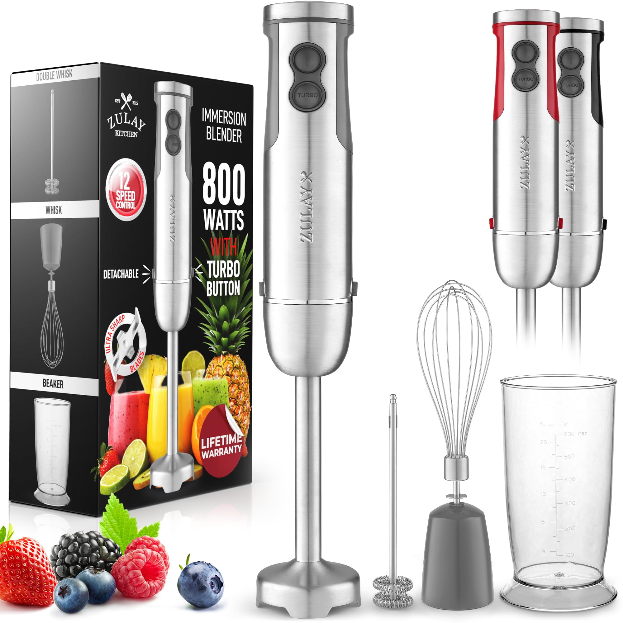 Gray 800-Watt Stainless Steel Immersion Blender with Attachments