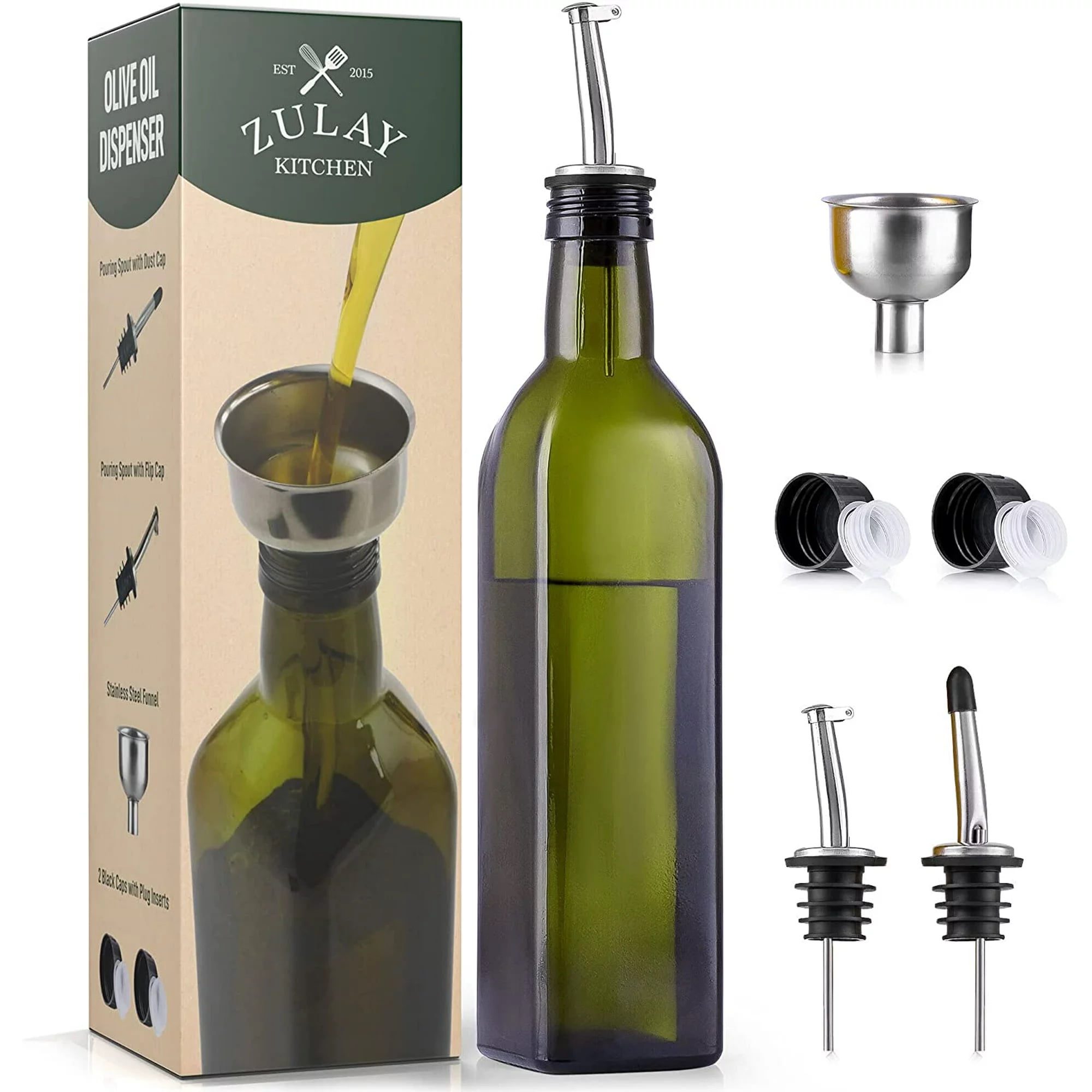 Green Glass Olive Oil Dispenser with Pour Spout, 17 oz
