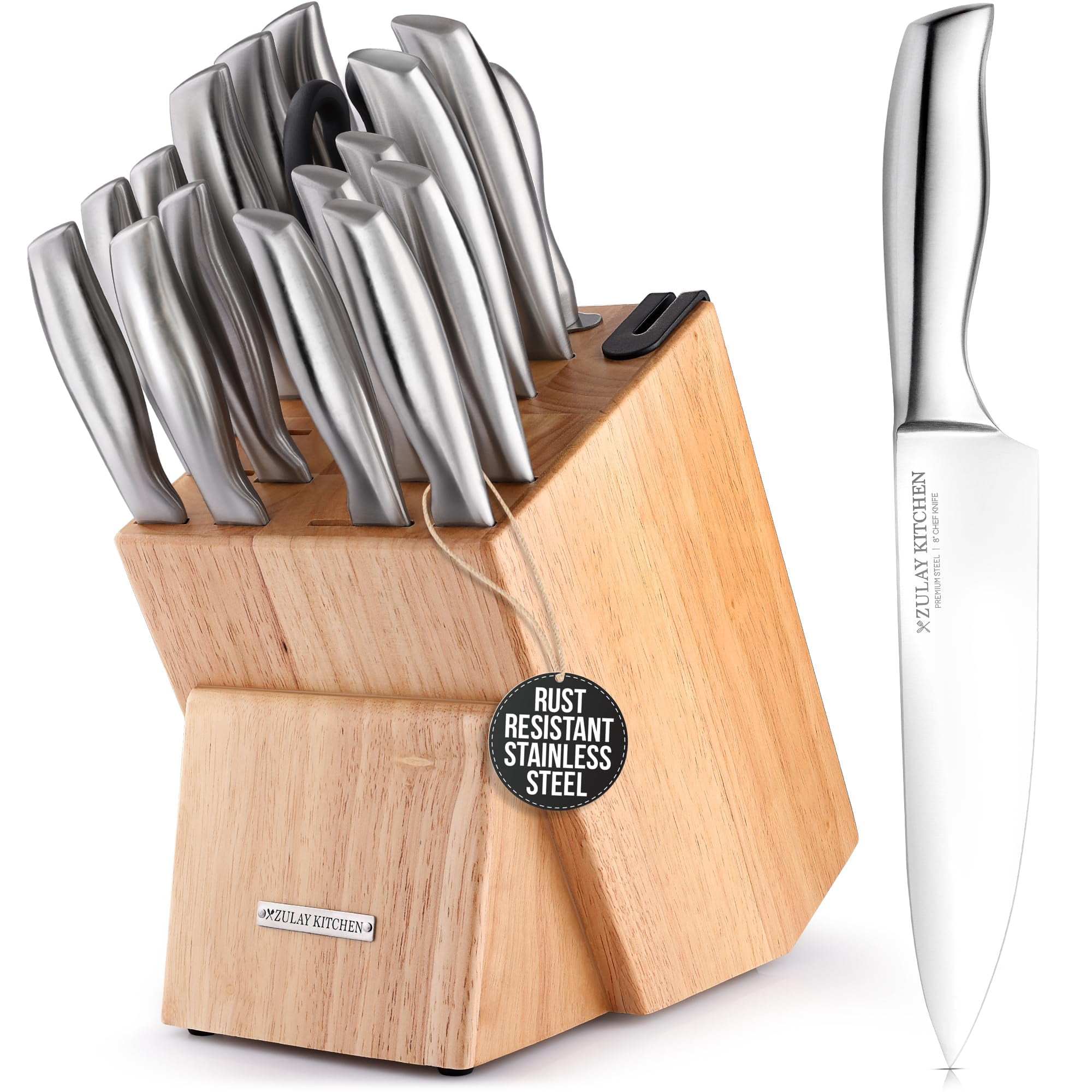 Zulay Kitchen Zulay Kitchen Premium 18-Piece Knife Set with Natural Wood Block and Built-in Sharpener