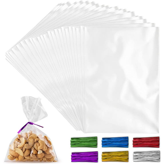 Zulay Kitchen 200 Pack Candy Treat Cellophane bags - 4x6 Thick Plastic Candy Bags with Ties for Goodie Bags by Simple Craft