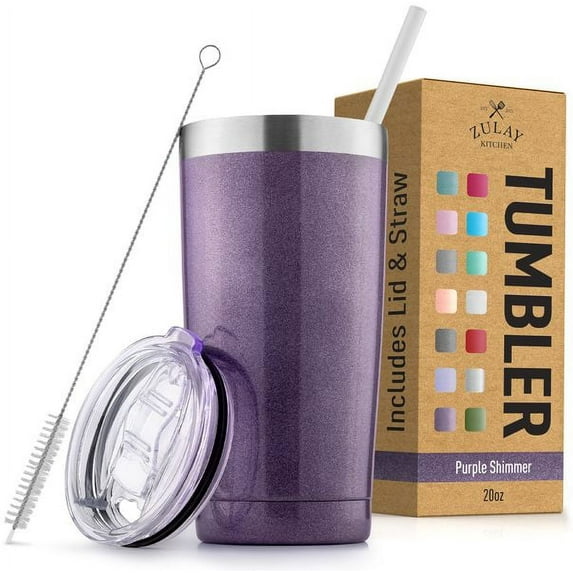 Zulay Kitchen 20oz Stainless Steel Tumbler With Lid and Straw - Sweat-Free Travel Coffee Mug Tumbler - Purple Shimmer