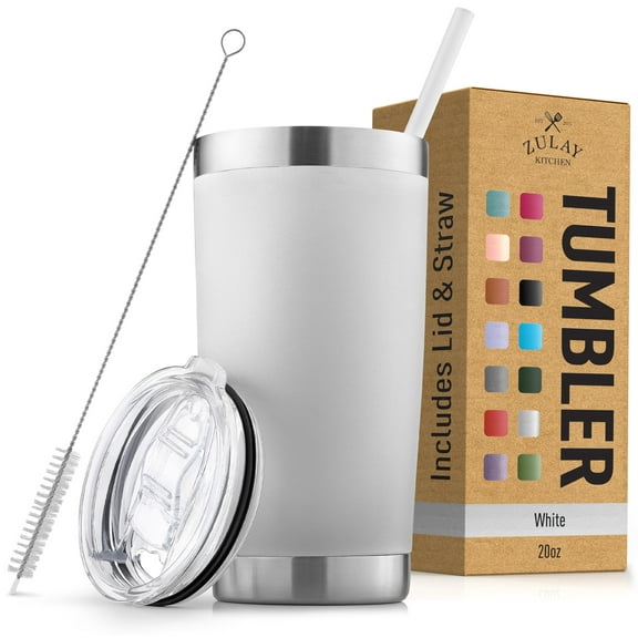 Zulay Kitchen 20oz Stainless Steel Tumbler With Lid and Straw - Sweat-Free Travel Coffee Mug Tumbler - White