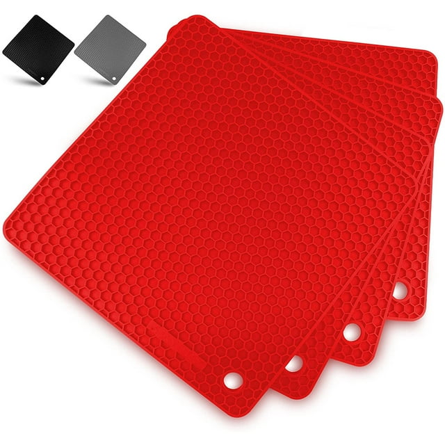 Zulay Kitchen 4 Pack Silicone Trivet Mat Set 7”x7” Silicone Pot Holders - Red
