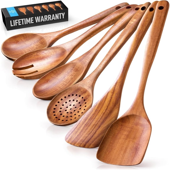 Zulay Kitchen 6 Piece Wooden Spoons for Cooking Natural Teak Wooden Utensil Set, Easy to Clean, Durable, Smooth with Comfort Grip - Non Toxic Wooden Cooking Utensil Sets