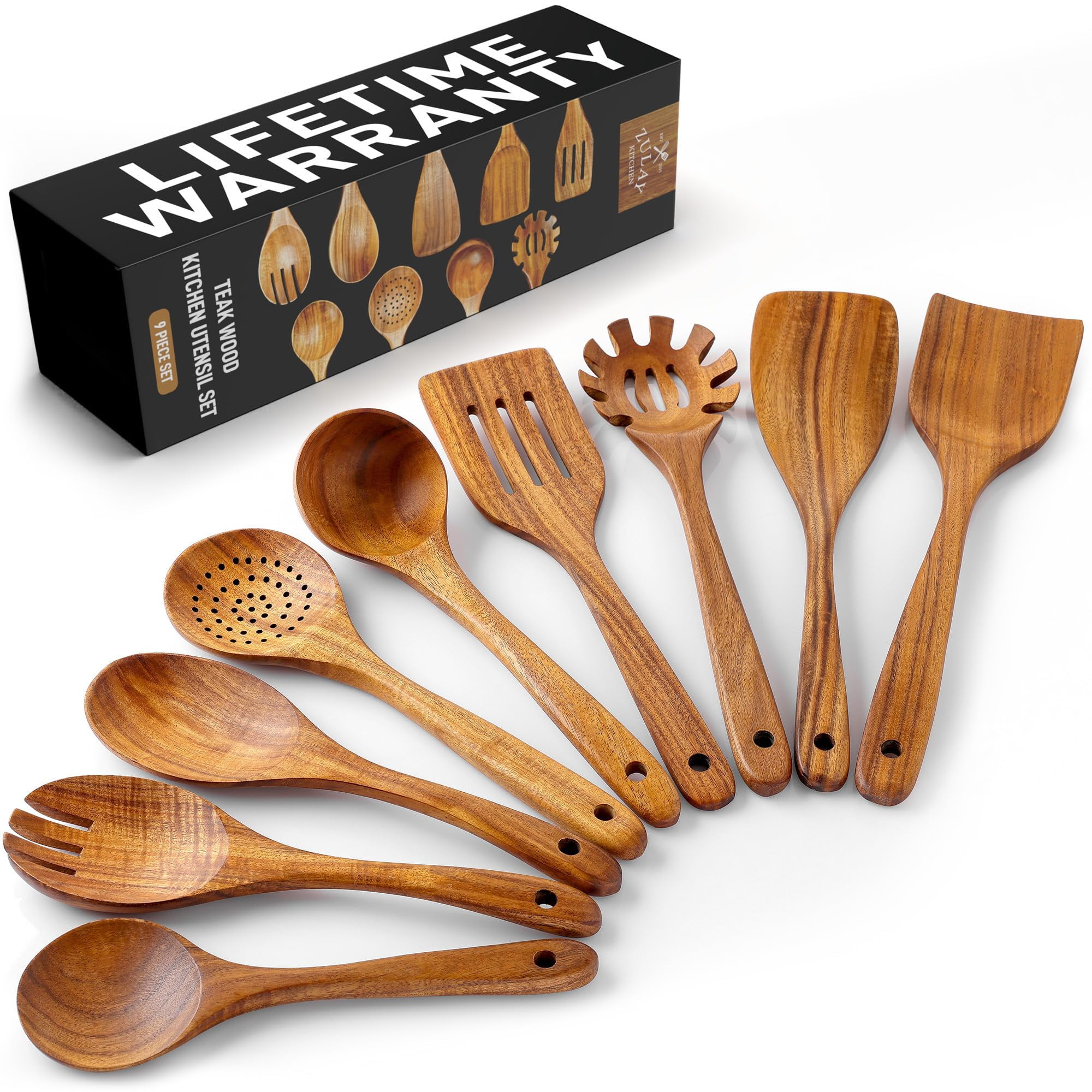 Zulay Kitchen 9 Piece Teak Wooden Utensils Cooking Utensil Set - Wooden  Spoons including Salad, Pasta Fork