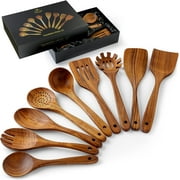 Zulay Kitchen 9 Piece Teak Wooden Utensils Cooking Utensil Set with Premium Gift Box Wooden Spoons including Salad, Pasta Fork