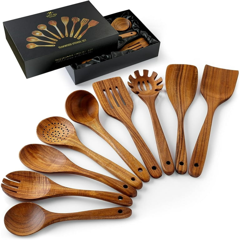 9 Pcs Wooden Spoons For Cooking, Wooden Utensils For Cooking With Utensils  Holder, Teak Wooden Kitc A