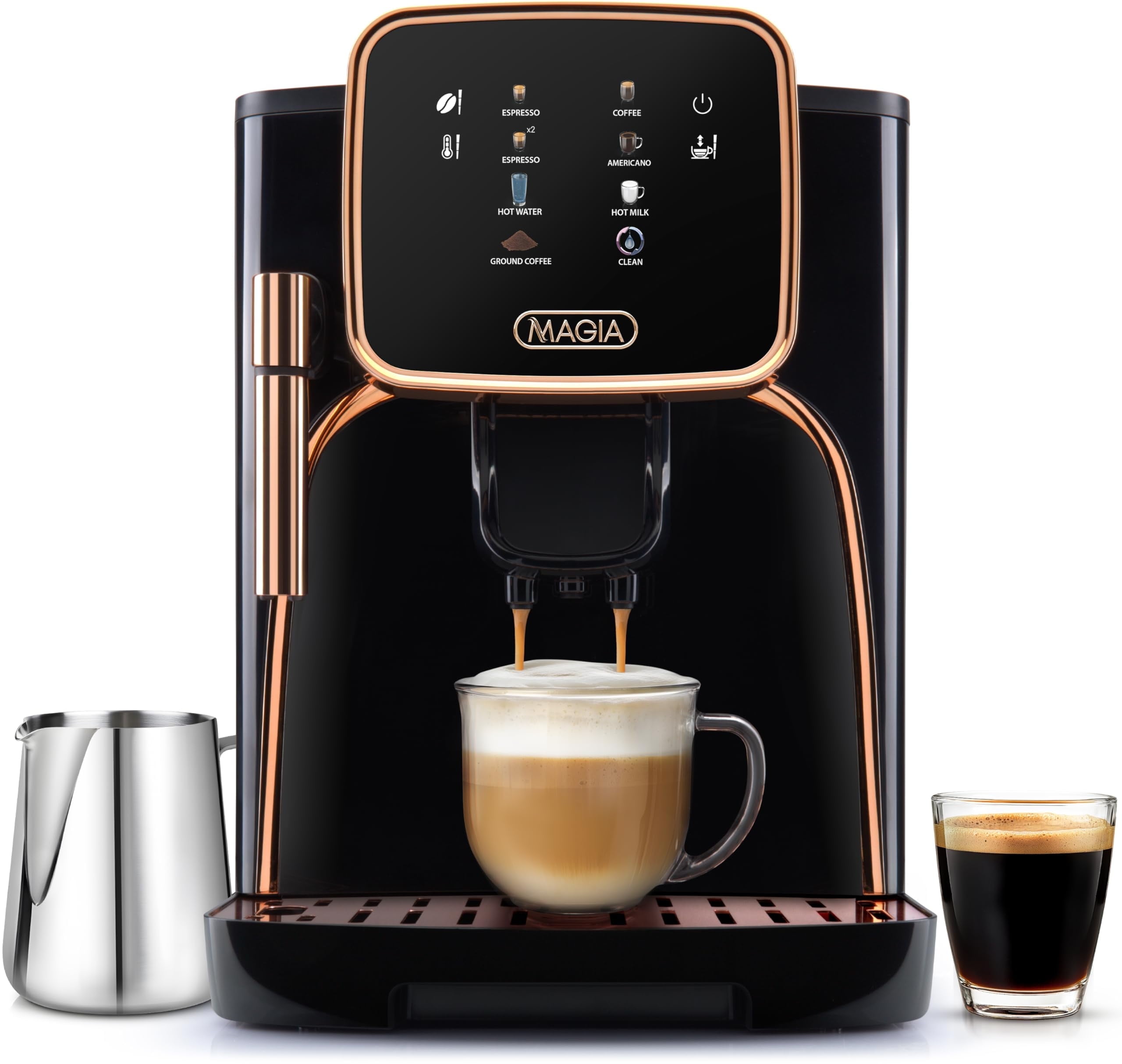 Black and Copper Automatic Espresso Machine with Grinder and Steam Wand